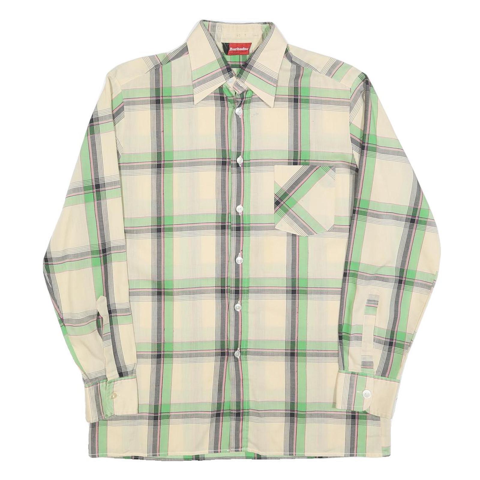 BARBADOS Mens Cream & Green Check Shirt L Cotton Blend Casual Long Sleeve