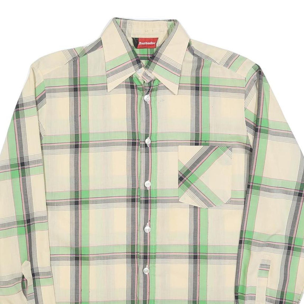 BARBADOS Mens Cream & Green Check Shirt L Cotton Blend Casual Long Sleeve
