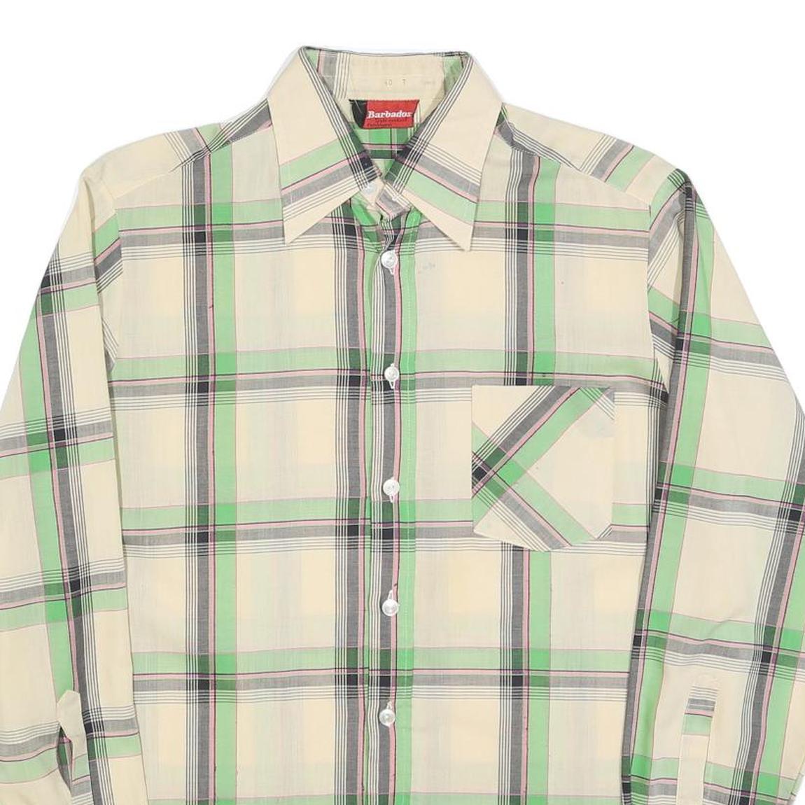 BARBADOS Mens Cream & Green Check Shirt L Cotton Blend Casual Long Sleeve