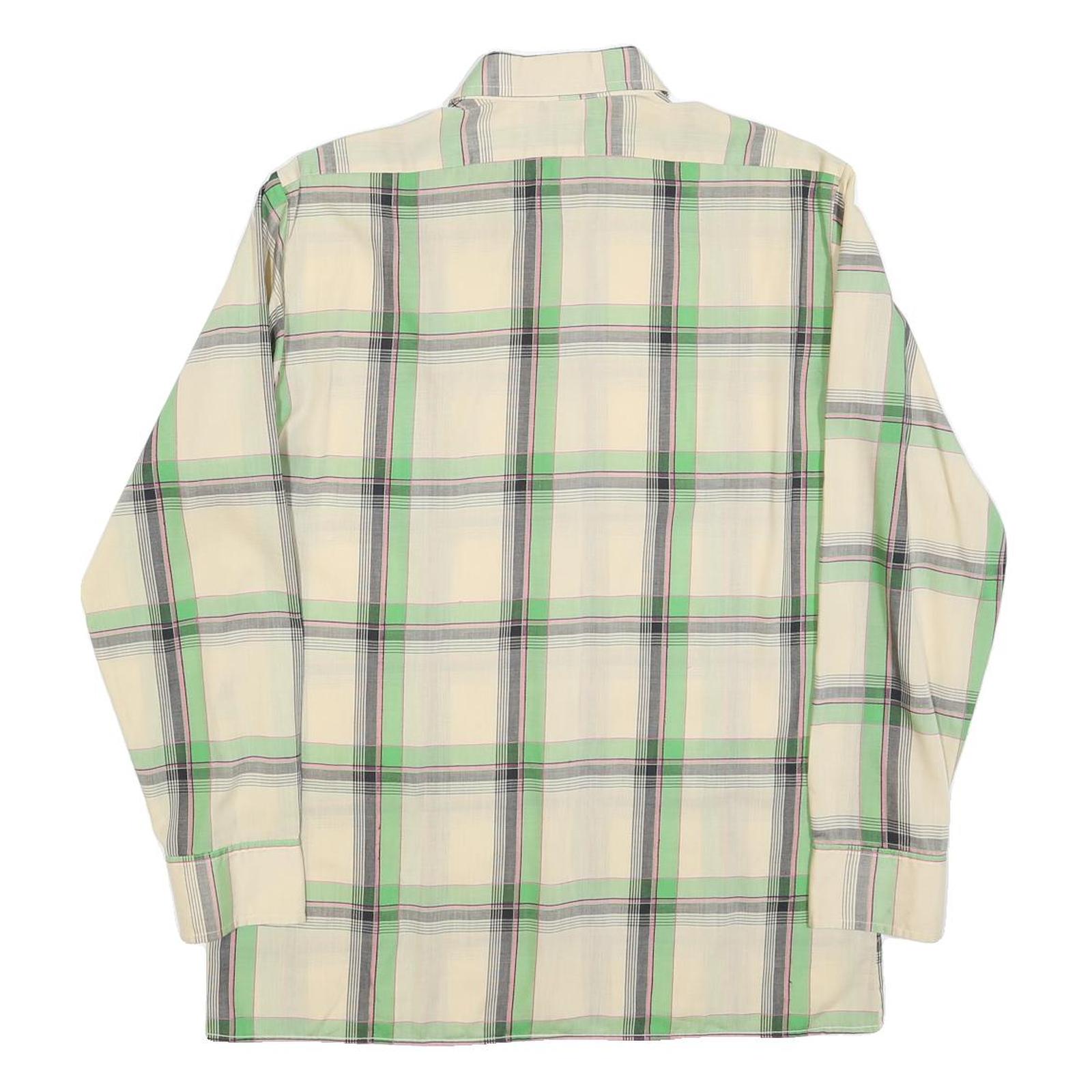 BARBADOS Mens Cream & Green Check Shirt L Cotton Blend Casual Long Sleeve
