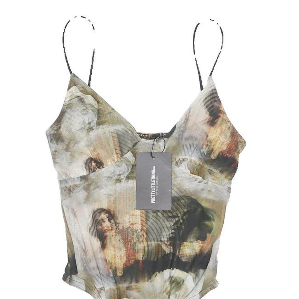 PRETTY LITTLE THING Womens Beige & Black Basic Sleeveless V-Neck Top UK 10
