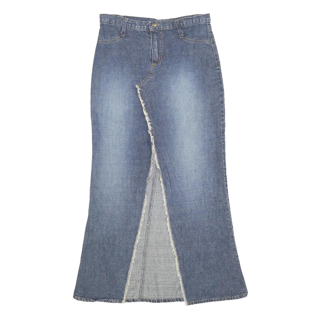 SCOTT Womens Blue Denim Cotton Blend Flare Maxi Skirt M Button Zip Pockets