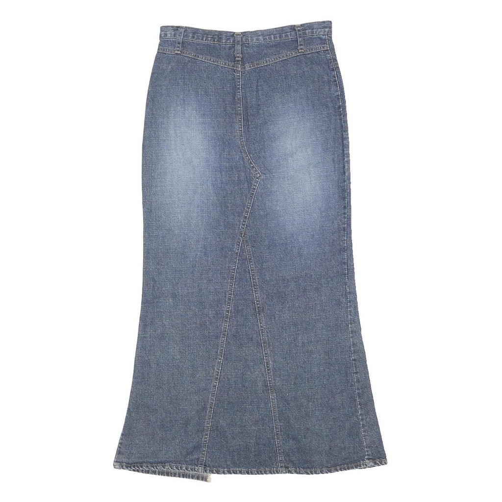 SCOTT Womens Blue Denim Cotton Blend Flare Maxi Skirt M Button Zip Pockets