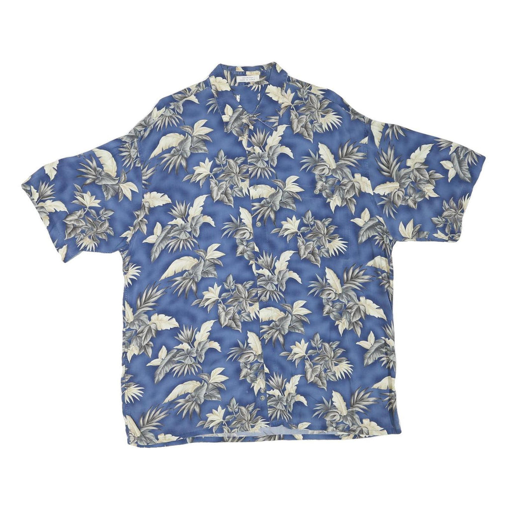 Mens Blue Rayon Hawaiian Shirt XL Tropical Leaf Print Relaxed Fit Summer