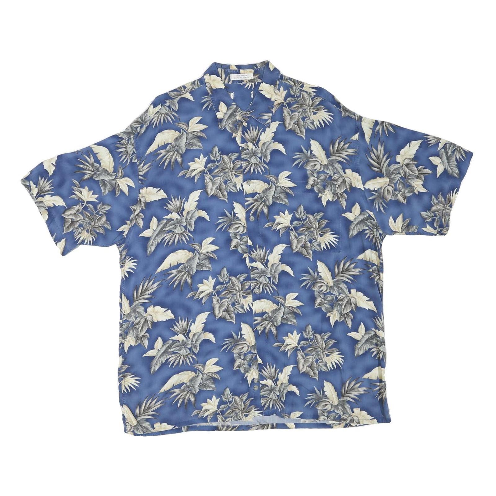 Mens Blue Rayon Hawaiian Shirt XL Tropical Leaf Print Relaxed Fit Summer