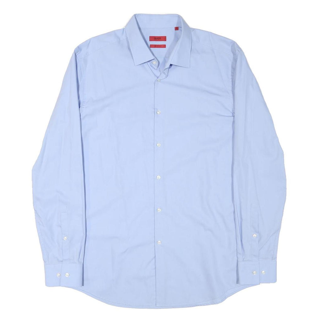 HUGO BOSS Mens Blue Shirt L Cotton Blend Classic Formal Long Sleeve Button