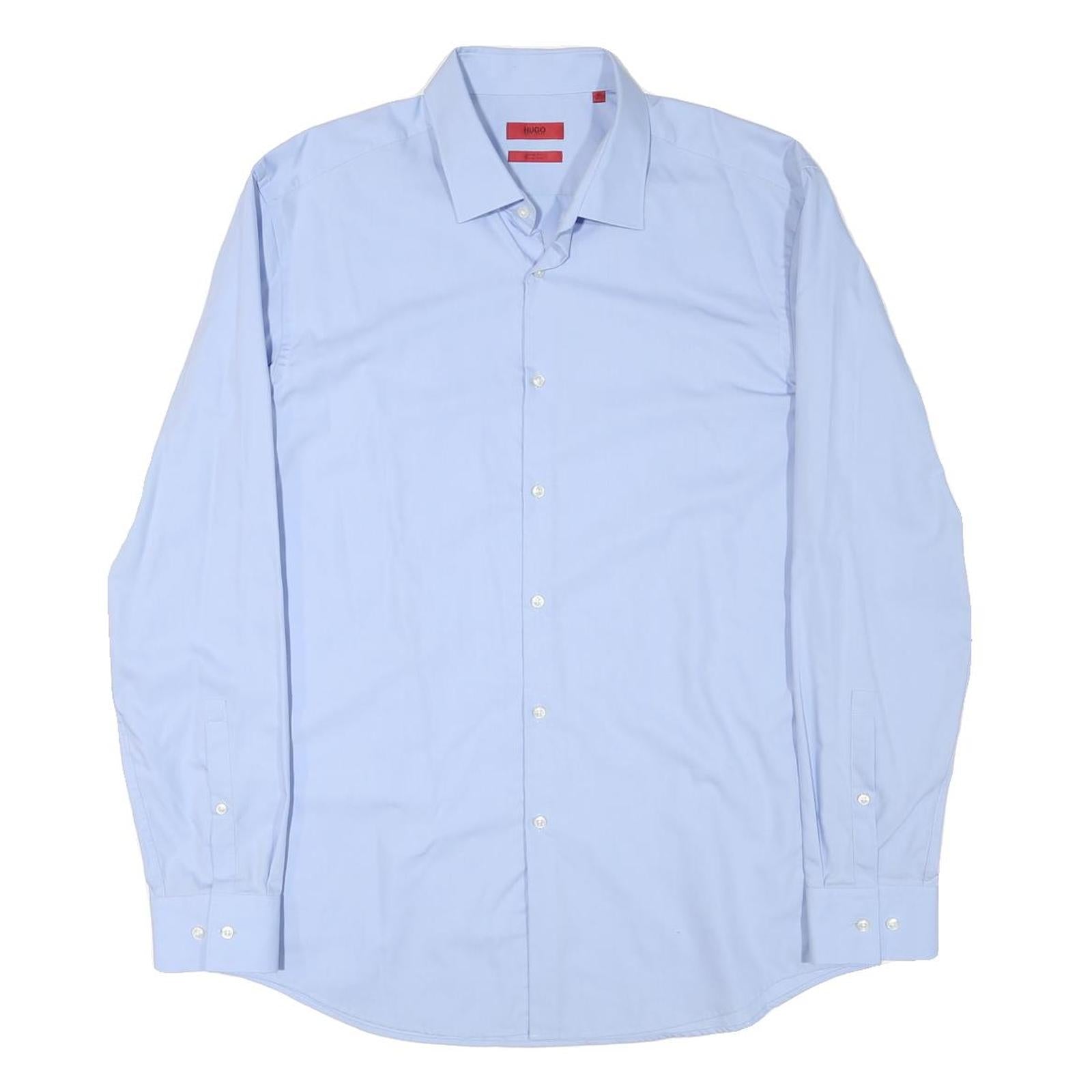 HUGO BOSS Mens Blue Shirt L Cotton Blend Classic Formal Long Sleeve Button