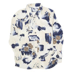 HUATZU Womens Cream & Navy Floral Print Blouse Long Sleeve Point Collar M Ruffle