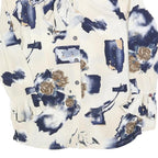 HUATZU Womens Cream & Navy Floral Print Blouse Long Sleeve Point Collar M Ruffle