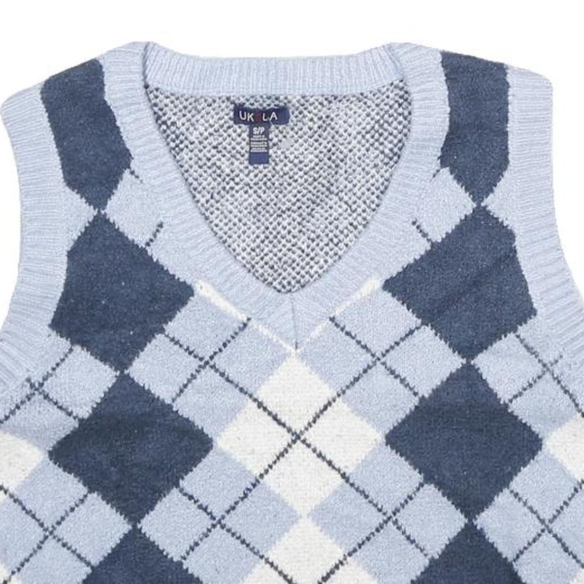 UK2LA Womens Blue & White Patterned Sleeveless V-Neck Chunky Knit Jumper S