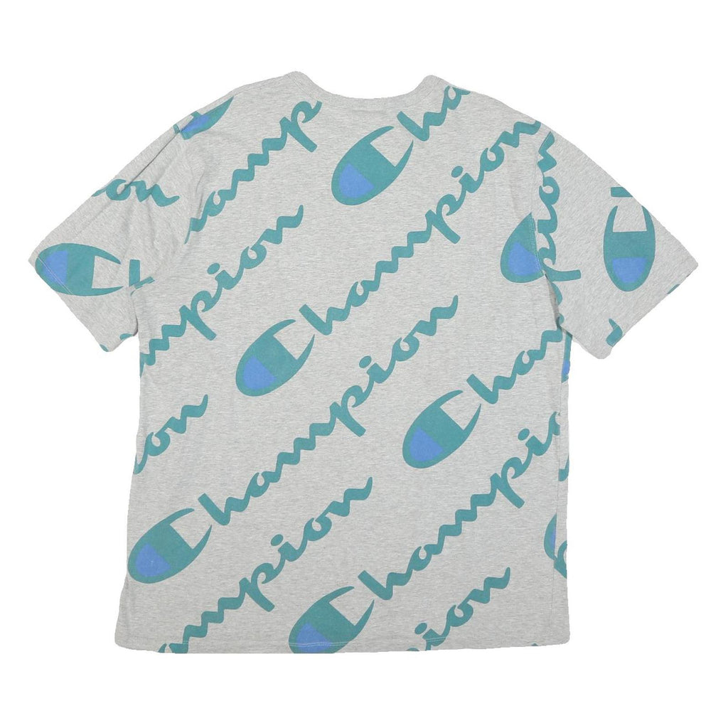 CHAMPION Mens Grey Blue All Over Script Logo Graphic T-Shirt XL Short Sleeve