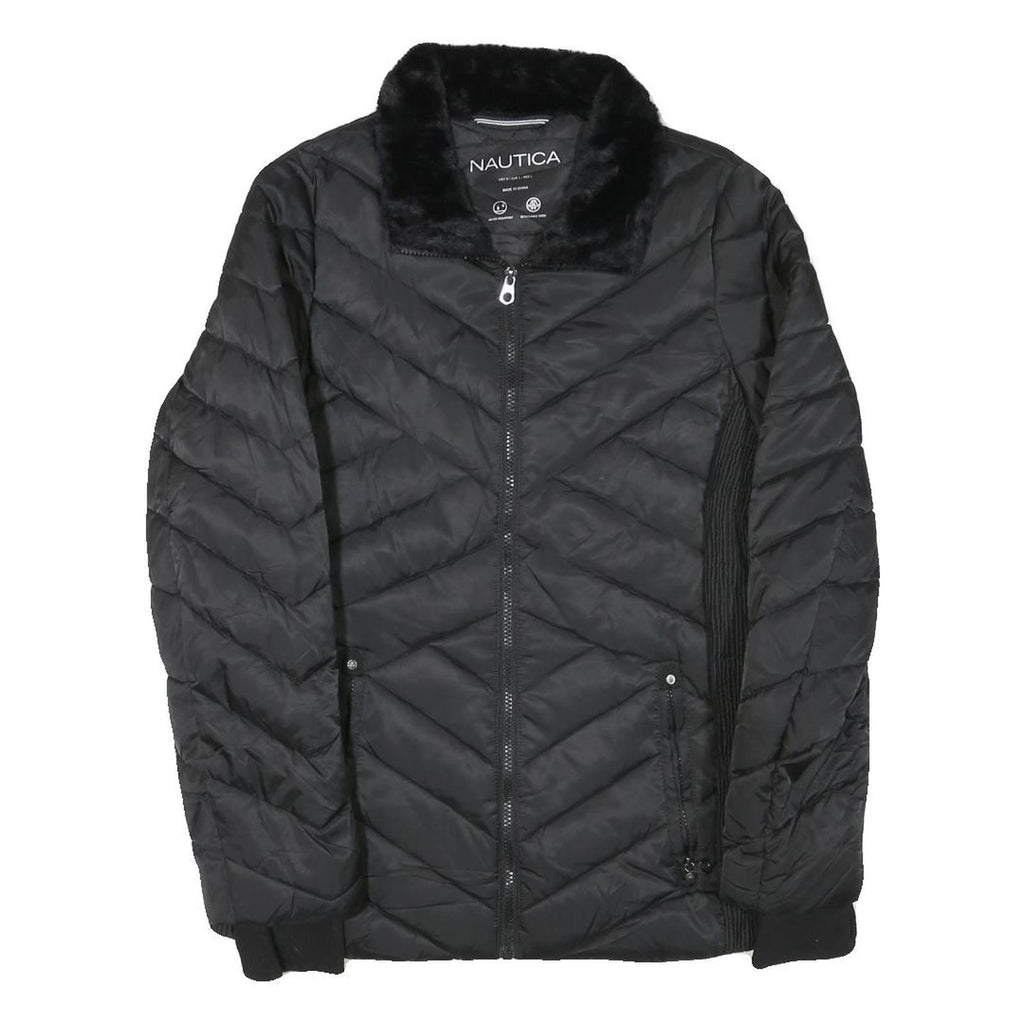 NAUTICA Womens Black Quilted Zip Jacket M Polyester Blend Fur Collar Pockets