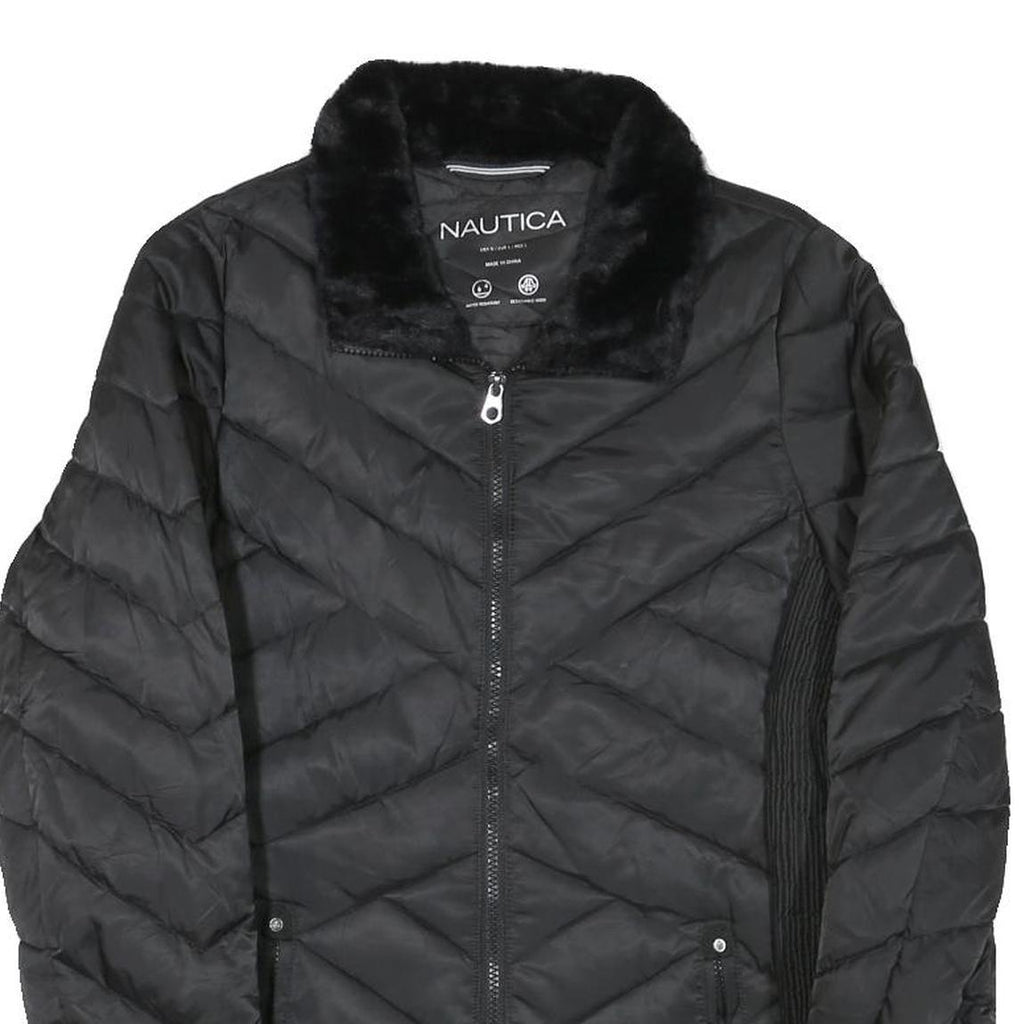 NAUTICA Womens Black Quilted Zip Jacket M Polyester Blend Fur Collar Pockets