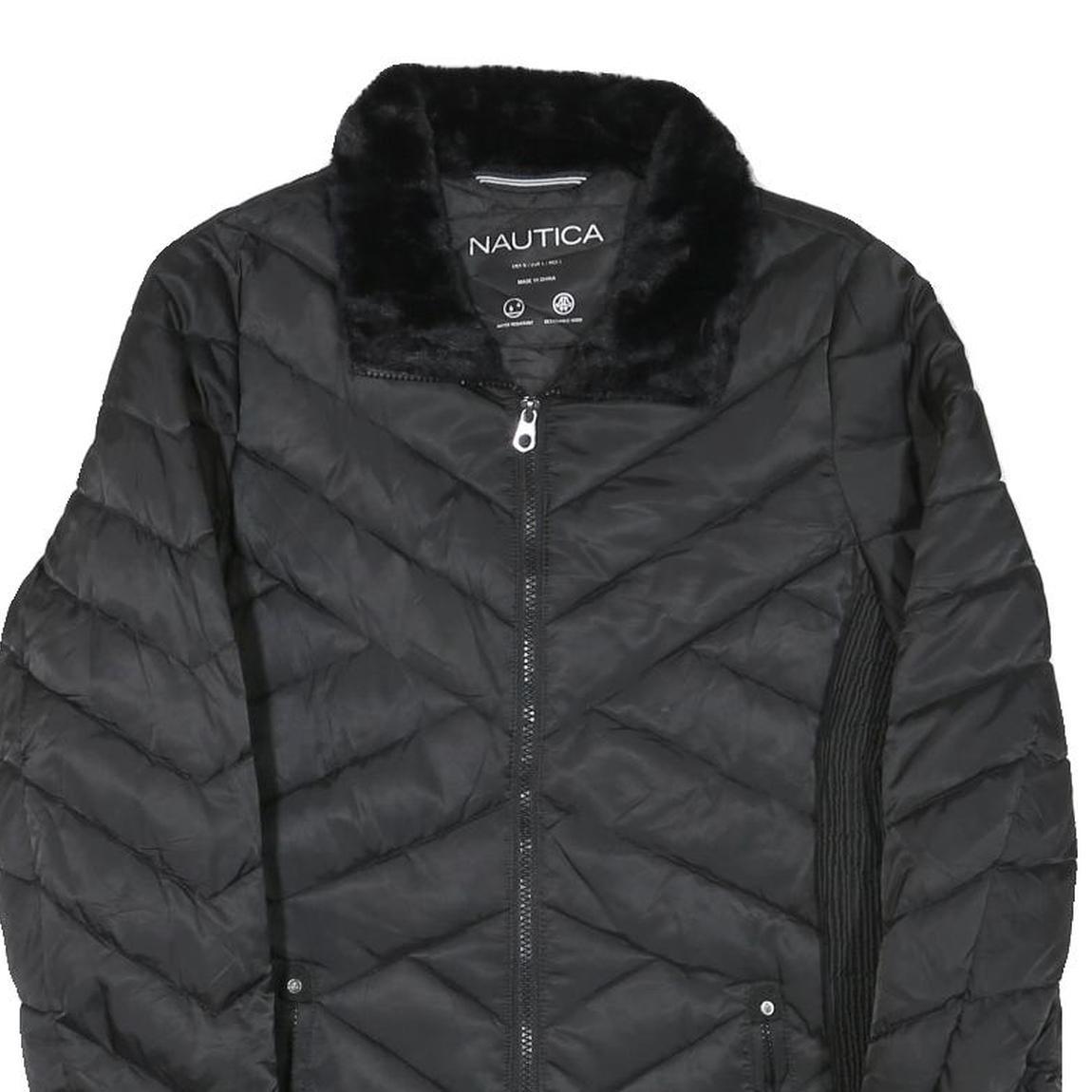 NAUTICA Womens Black Quilted Zip Jacket M Polyester Blend Fur Collar Pockets