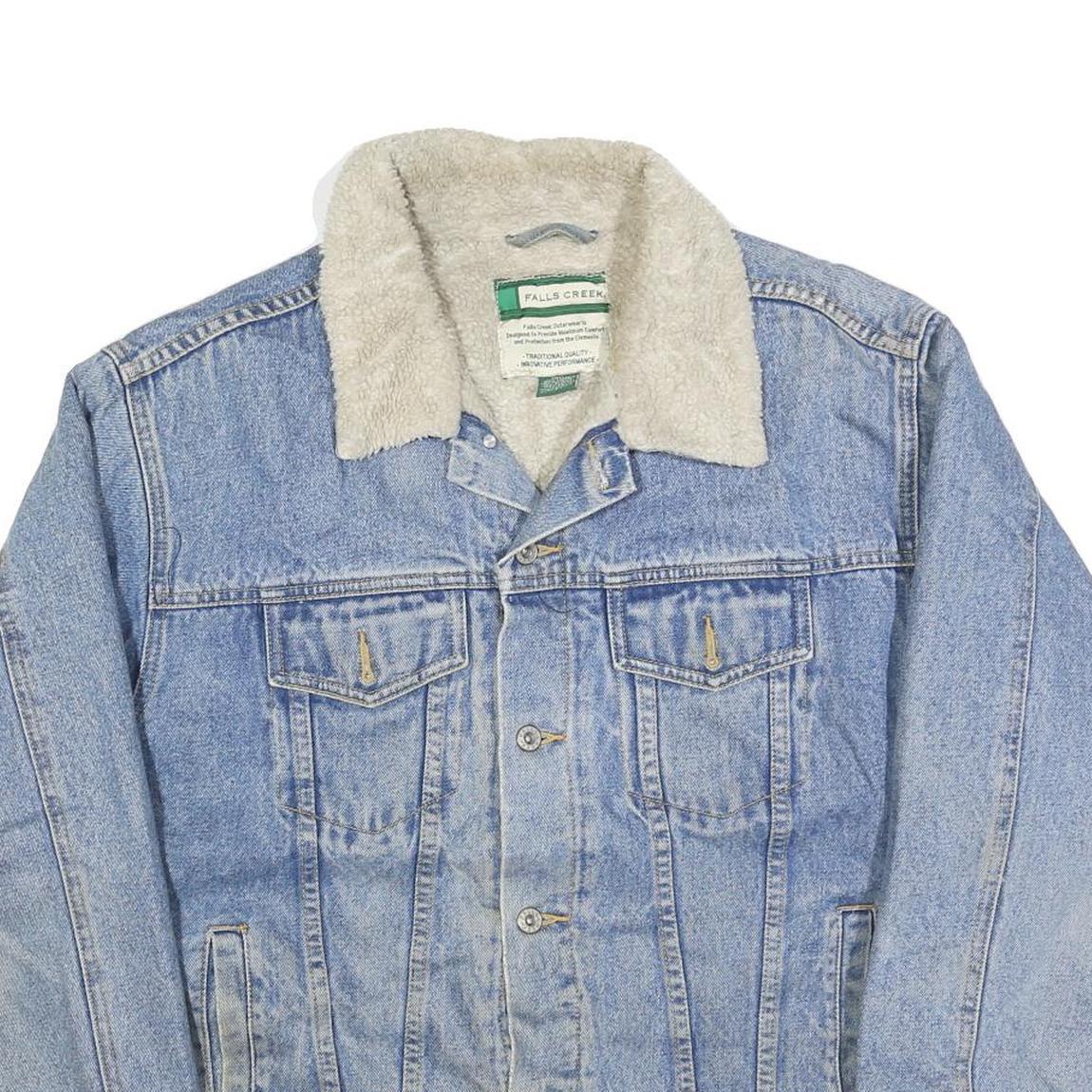 FALLS CREEK Mens Blue Denim Sherpa Collar Jacket L Cotton Button Casual