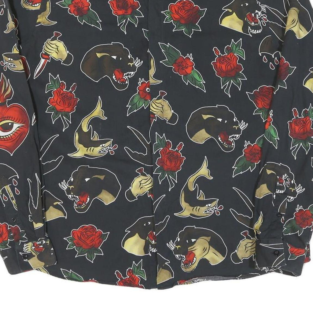 Mens Black Shirt XL Cotton Tattoo Style Print Long Sleeve Button Closure