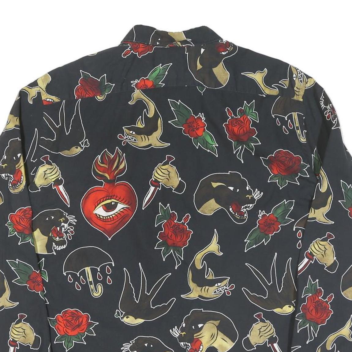 Mens Black Shirt XL Cotton Tattoo Style Print Long Sleeve Button Closure