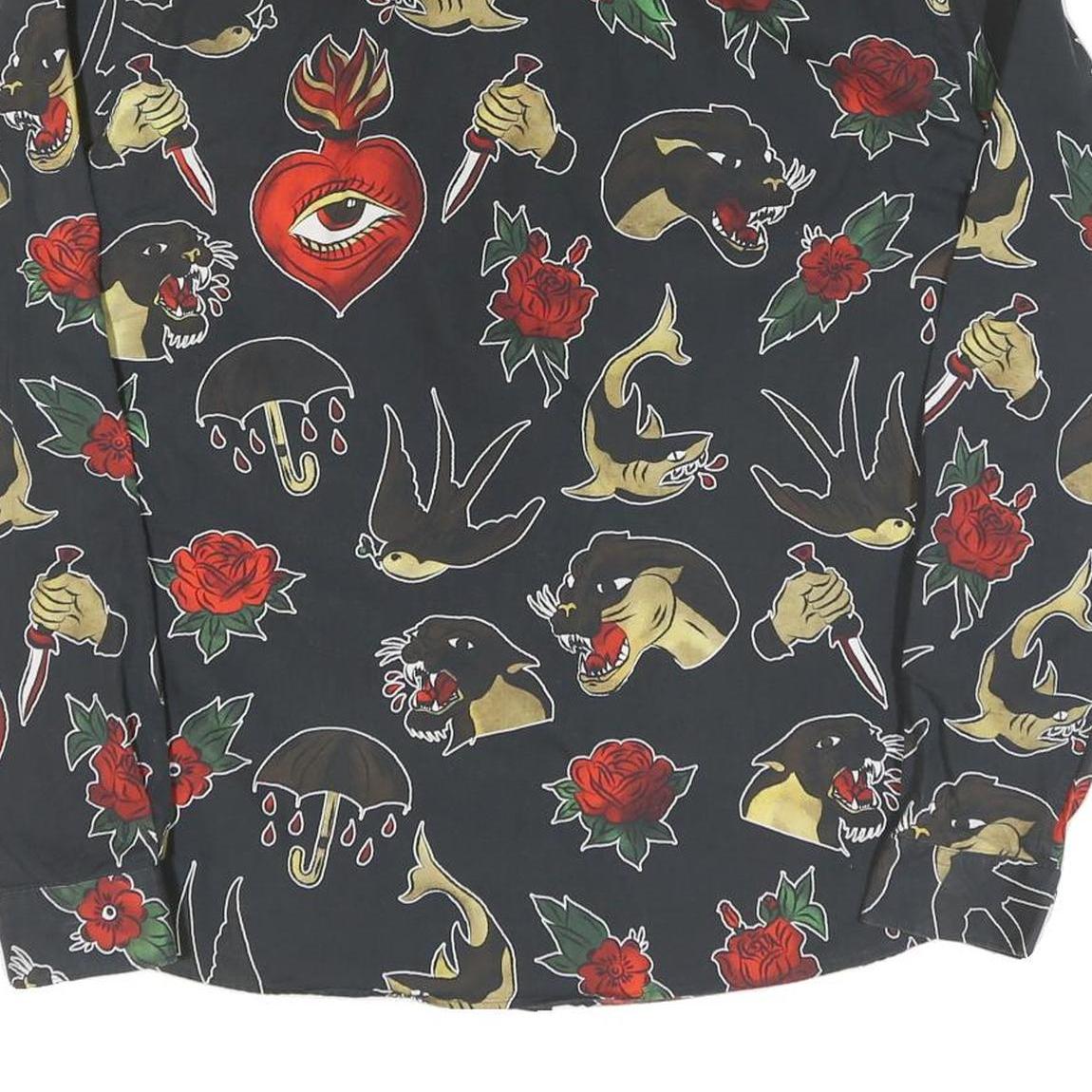 Mens Black Shirt XL Cotton Tattoo Style Print Long Sleeve Button Closure