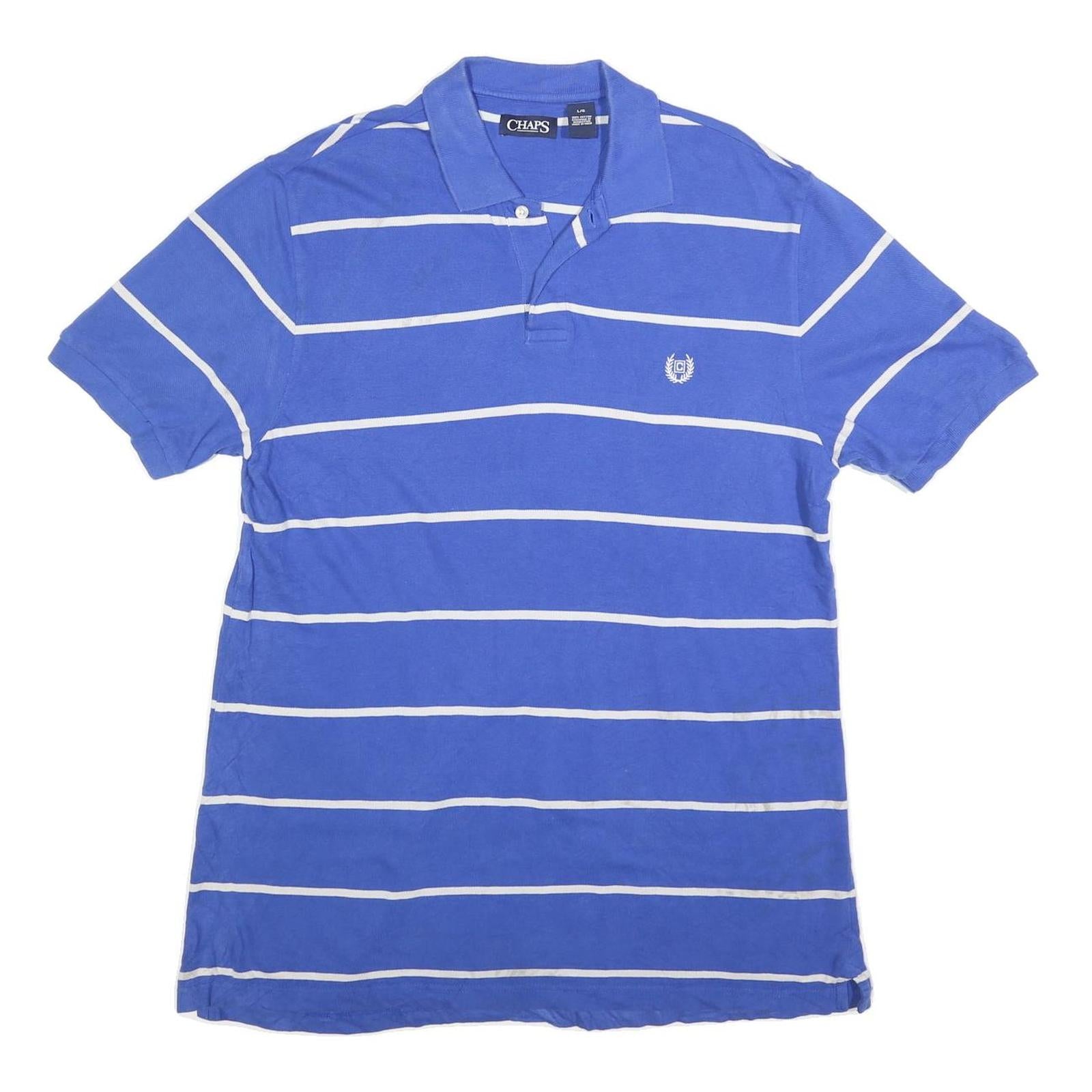 CHAPS Mens Blue & White Striped Short Sleeve Polo Shirt L Classic Cotton Blend