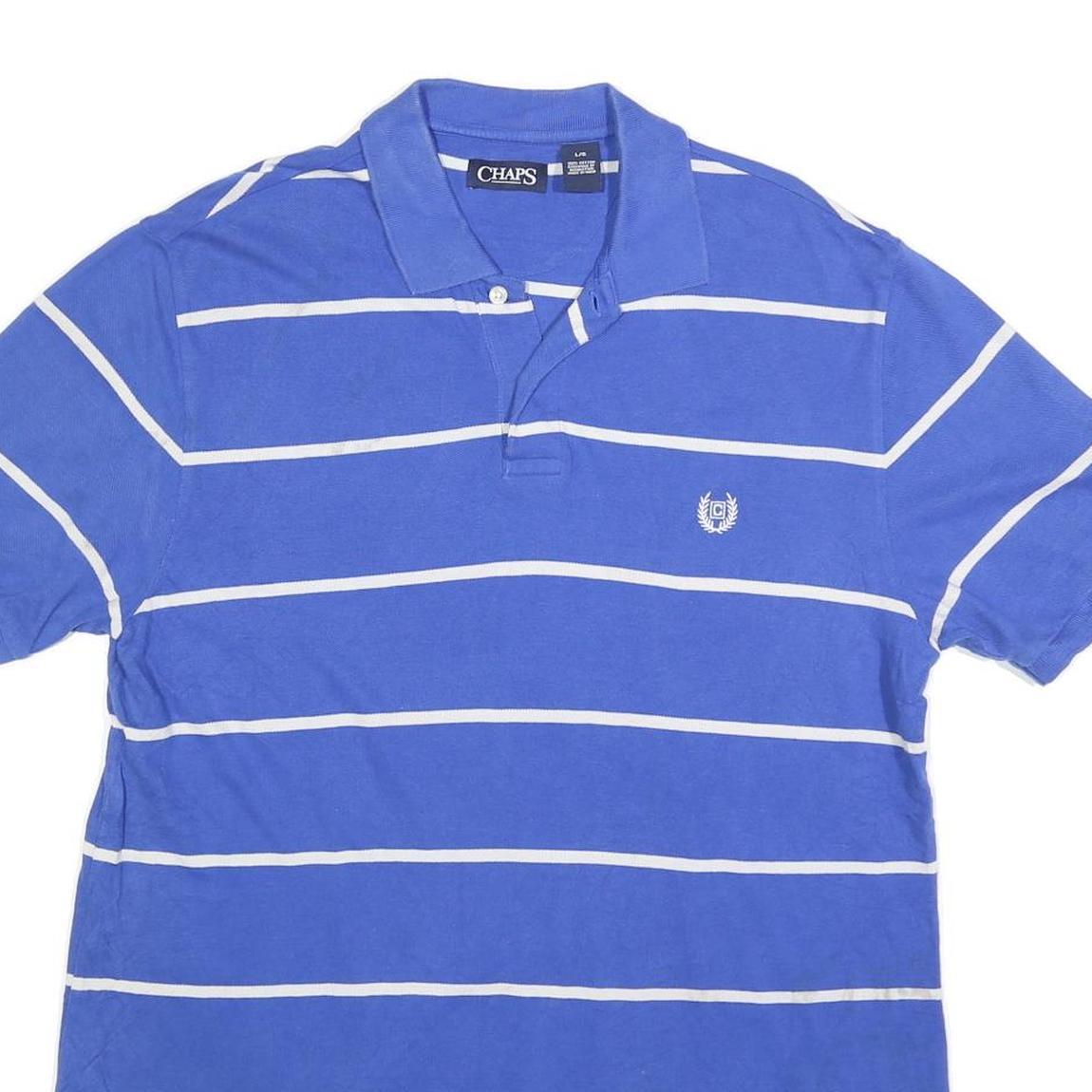 CHAPS Mens Blue & White Striped Short Sleeve Polo Shirt L Classic Cotton Blend