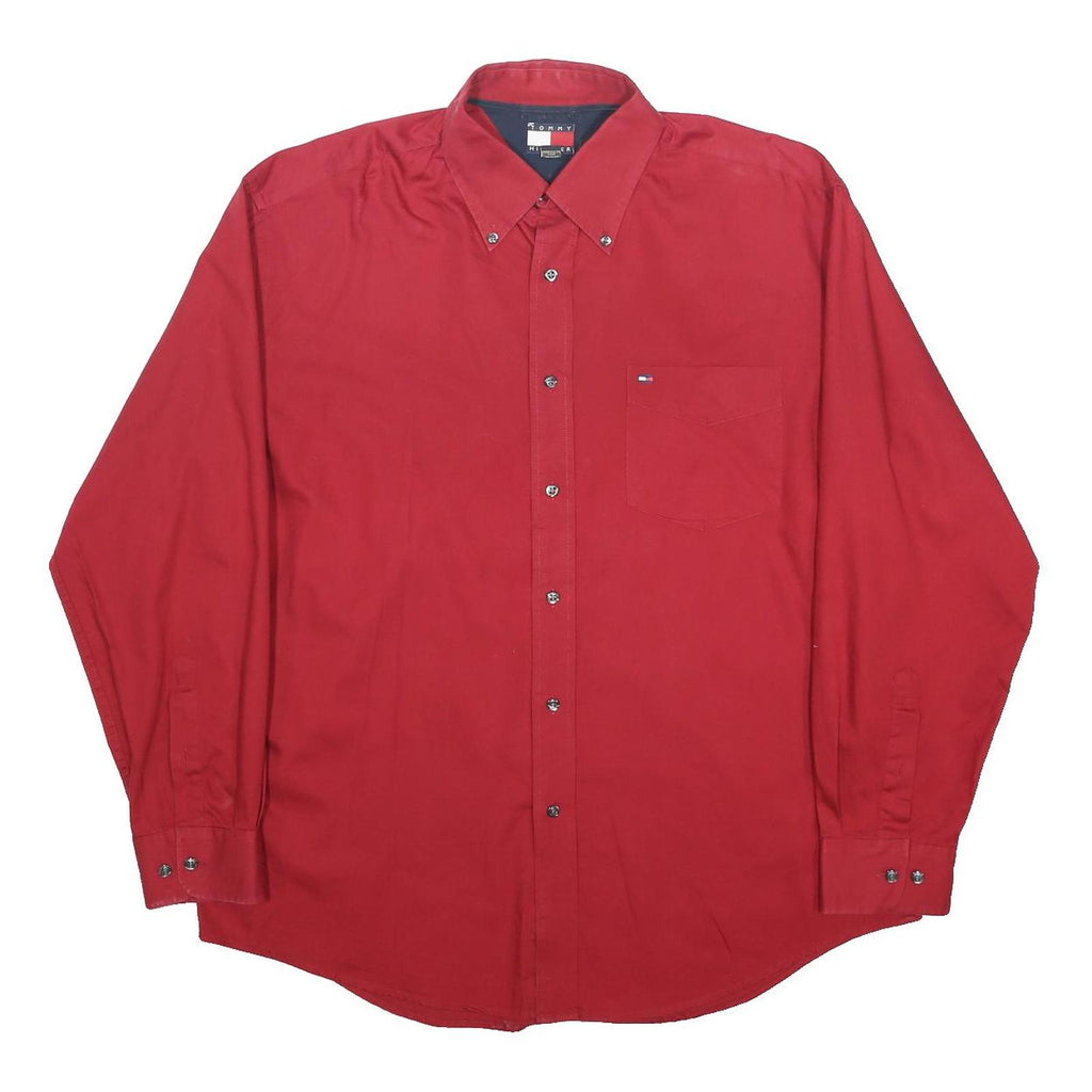 TOMMY HILFIGER Mens Red Shirt L Cotton Button Down Long Sleeve Classic Fit