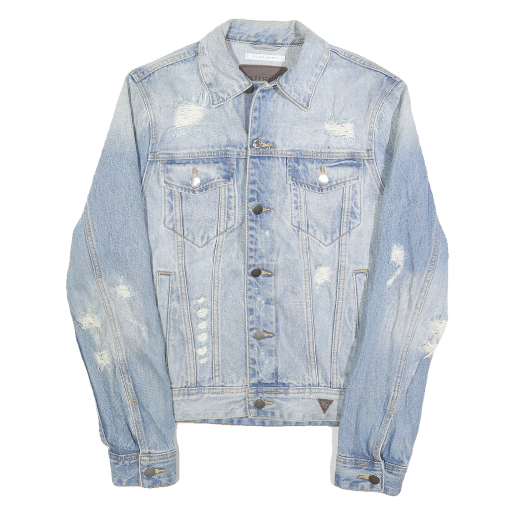 GUESS Mens Blue Denim Jacket XS Cotton Button Denim Distressed Fashion