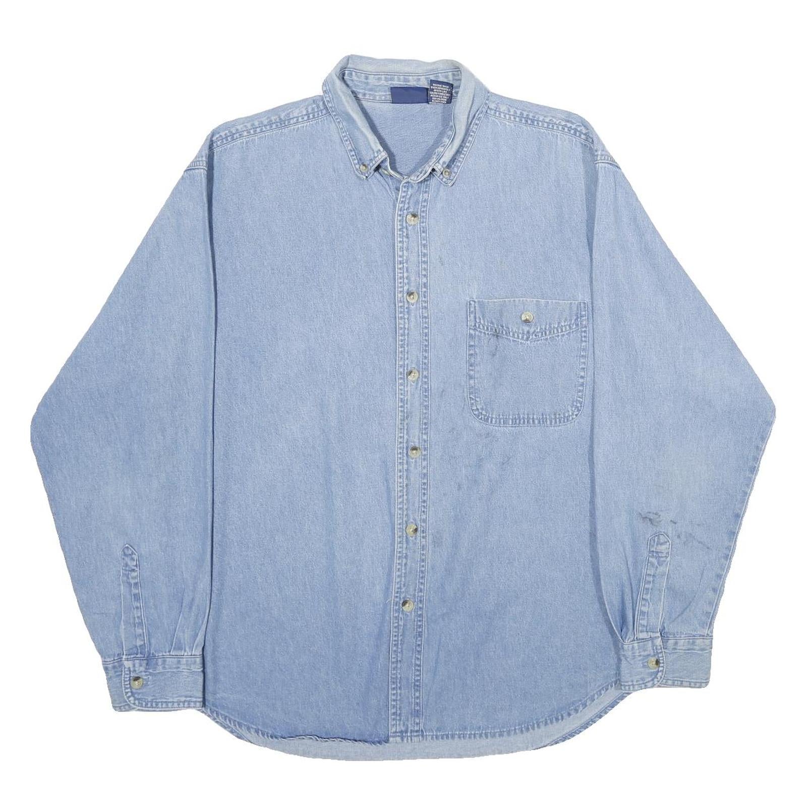 TRUMAN Mens Blue Denim Shirt L Button-Down Collar Long Sleeve Casual Cotton