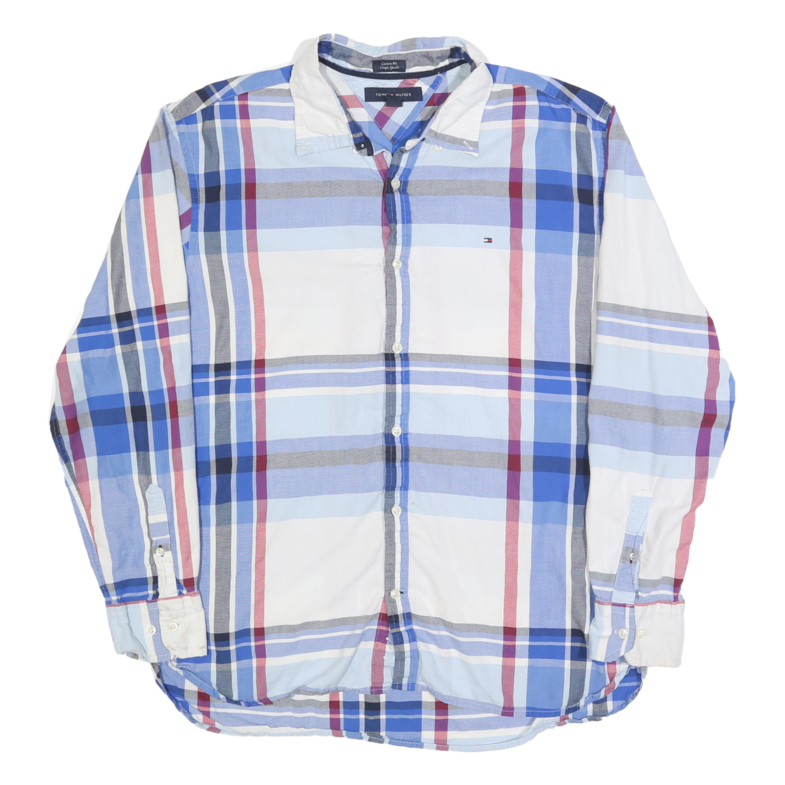 TOMMY HILFIGER Mens Blue & White Check Shirt XL Casual Classic Cotton