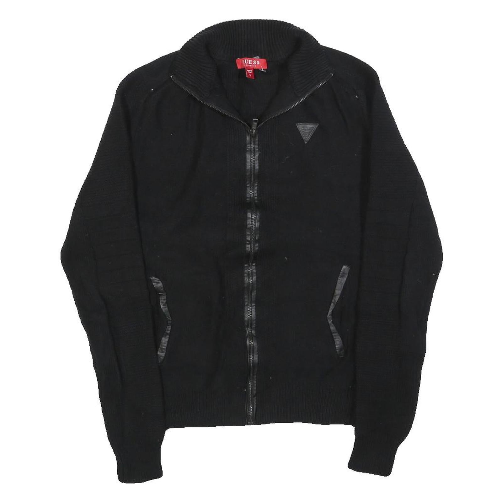 GUESS Womens Black Plain Full Zip Jumper Crew Neck Cable Knit S Soft Cotton