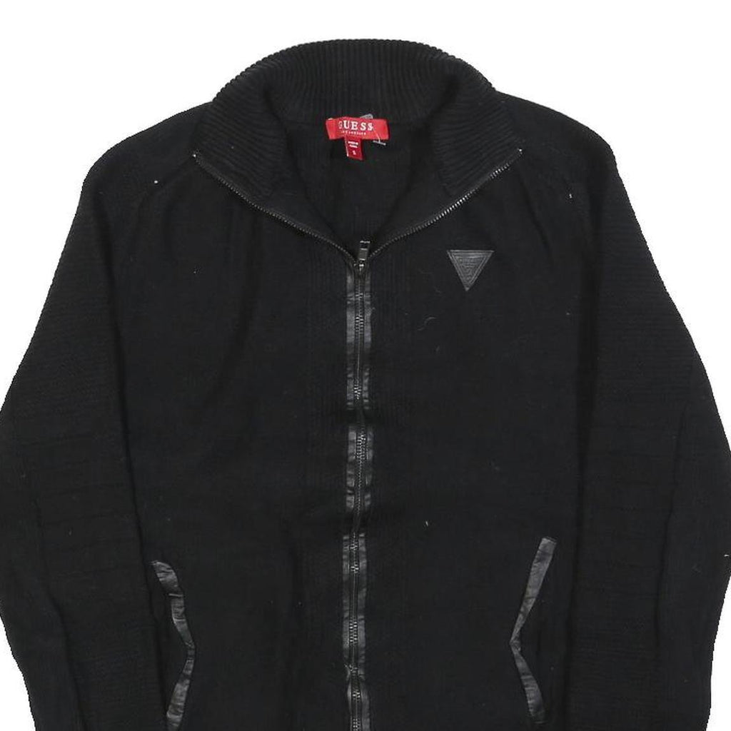 GUESS Womens Black Plain Full Zip Jumper Crew Neck Cable Knit S Soft Cotton