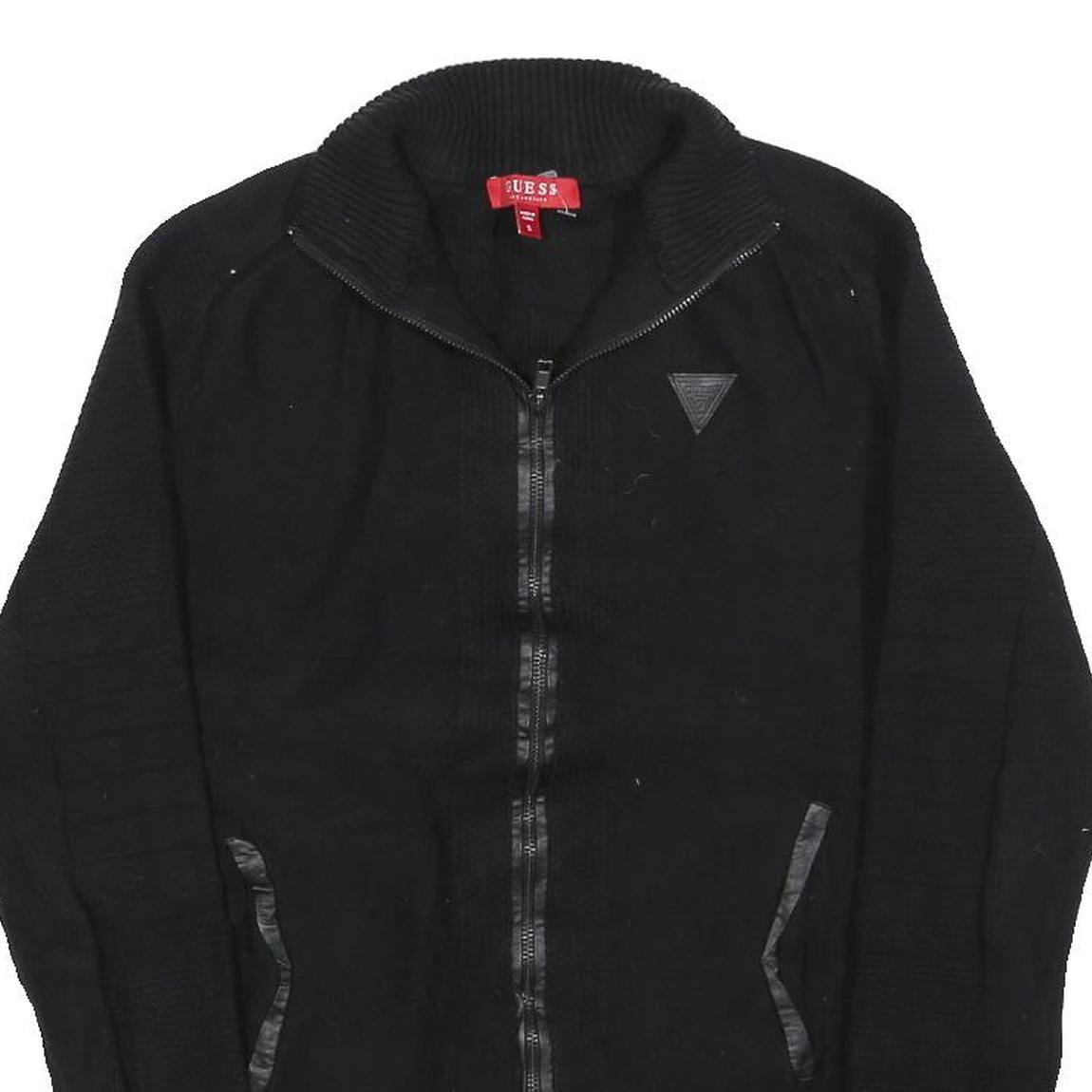 GUESS Womens Black Plain Full Zip Jumper Crew Neck Cable Knit S Soft Cotton