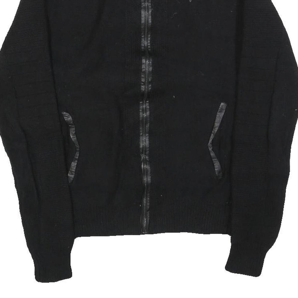 GUESS Womens Black Plain Full Zip Jumper Crew Neck Cable Knit S Soft Cotton