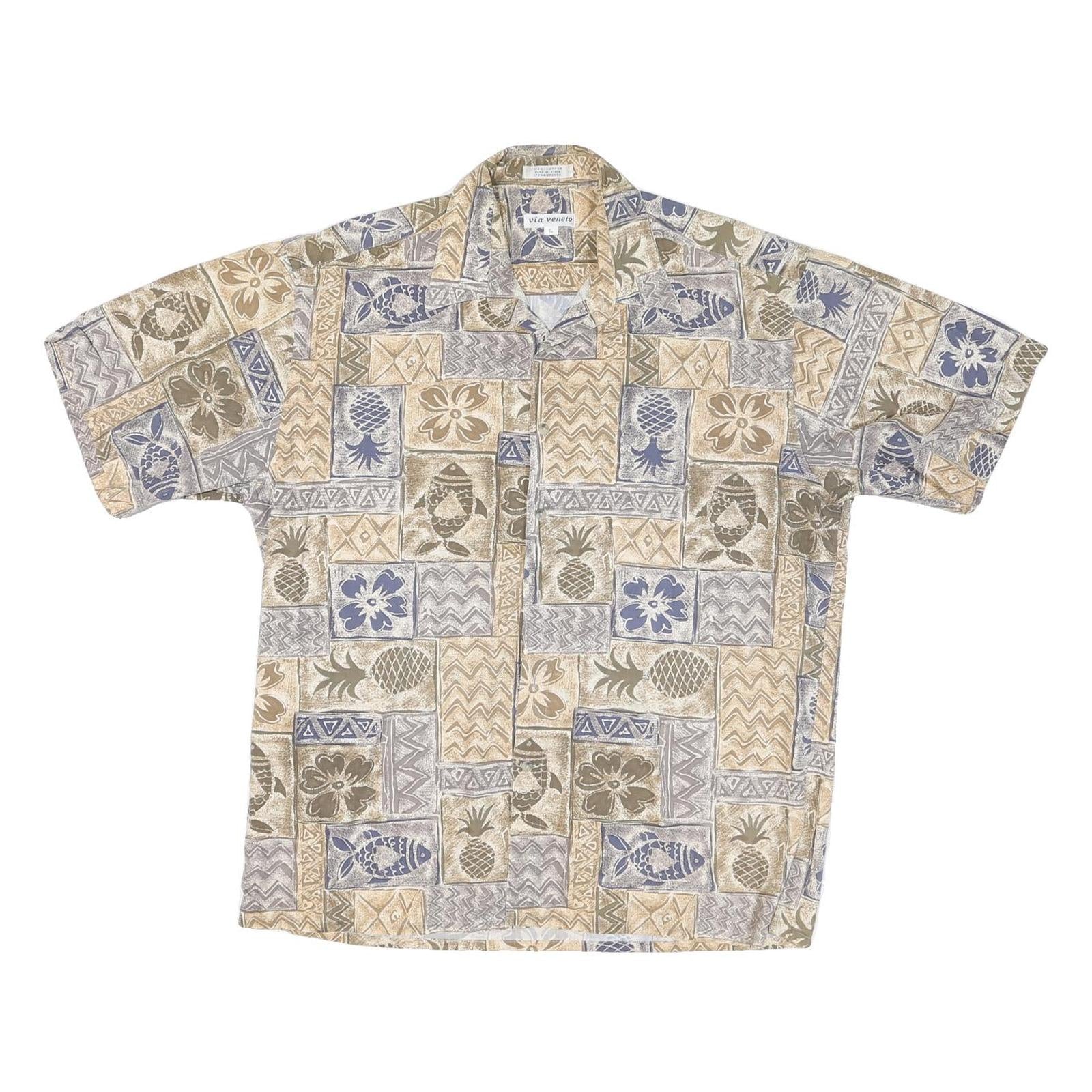 VIVA VENTO Mens Beige & Blue Pattern Cotton Blend Shirt L Casual Summer Tropical
