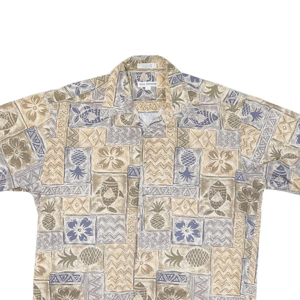 VIVA VENTO Mens Beige & Blue Pattern Cotton Blend Shirt L Casual Summer Tropical