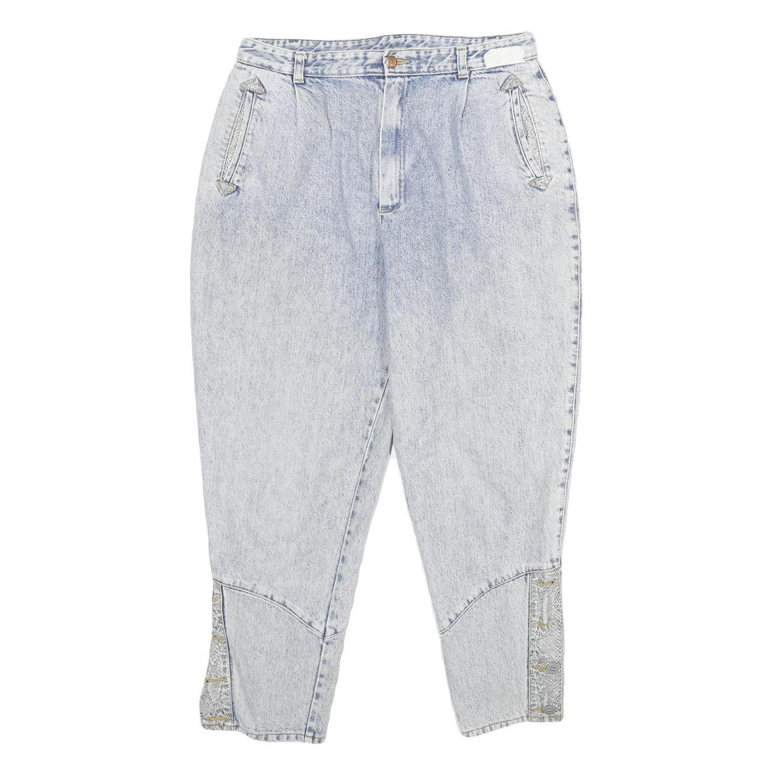 ASKARI Womens Jeans Blue Classic Tapered Denim Light W34 L28 Button Side Detail