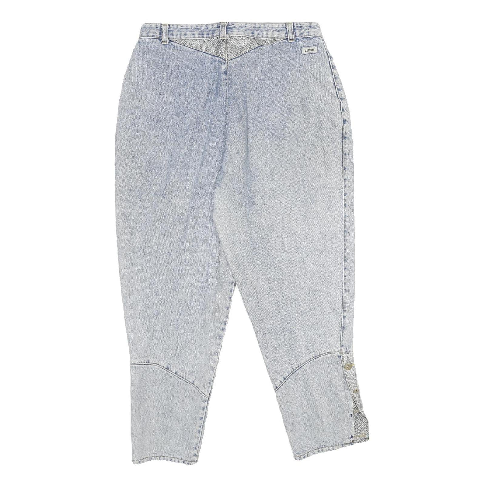 ASKARI Womens Jeans Blue Classic Tapered Denim Light W34 L28 Button Side Detail