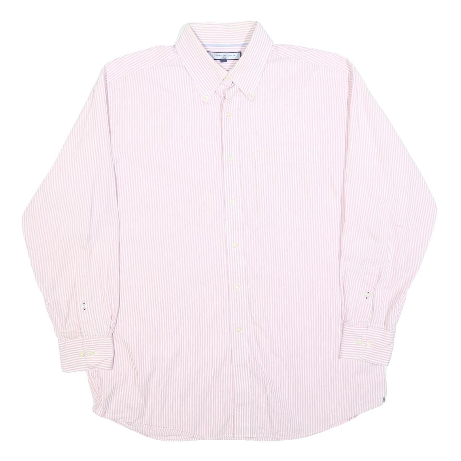 TOMMY HILFIGER Mens Pink & White Stripe Shirt L Cotton Blend Button-Down Collar