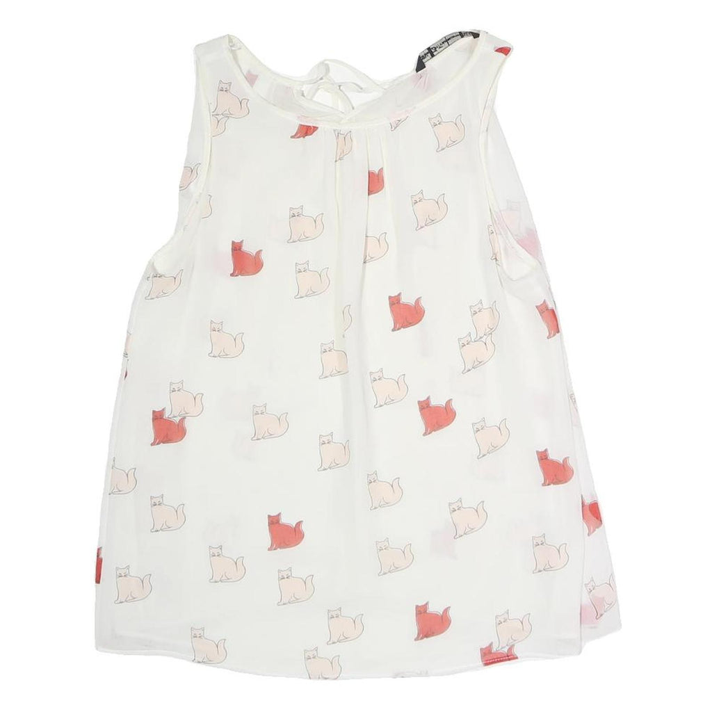 ZARA Womens White Printed Sleeveless Round Neck Top S Cat Pattern
