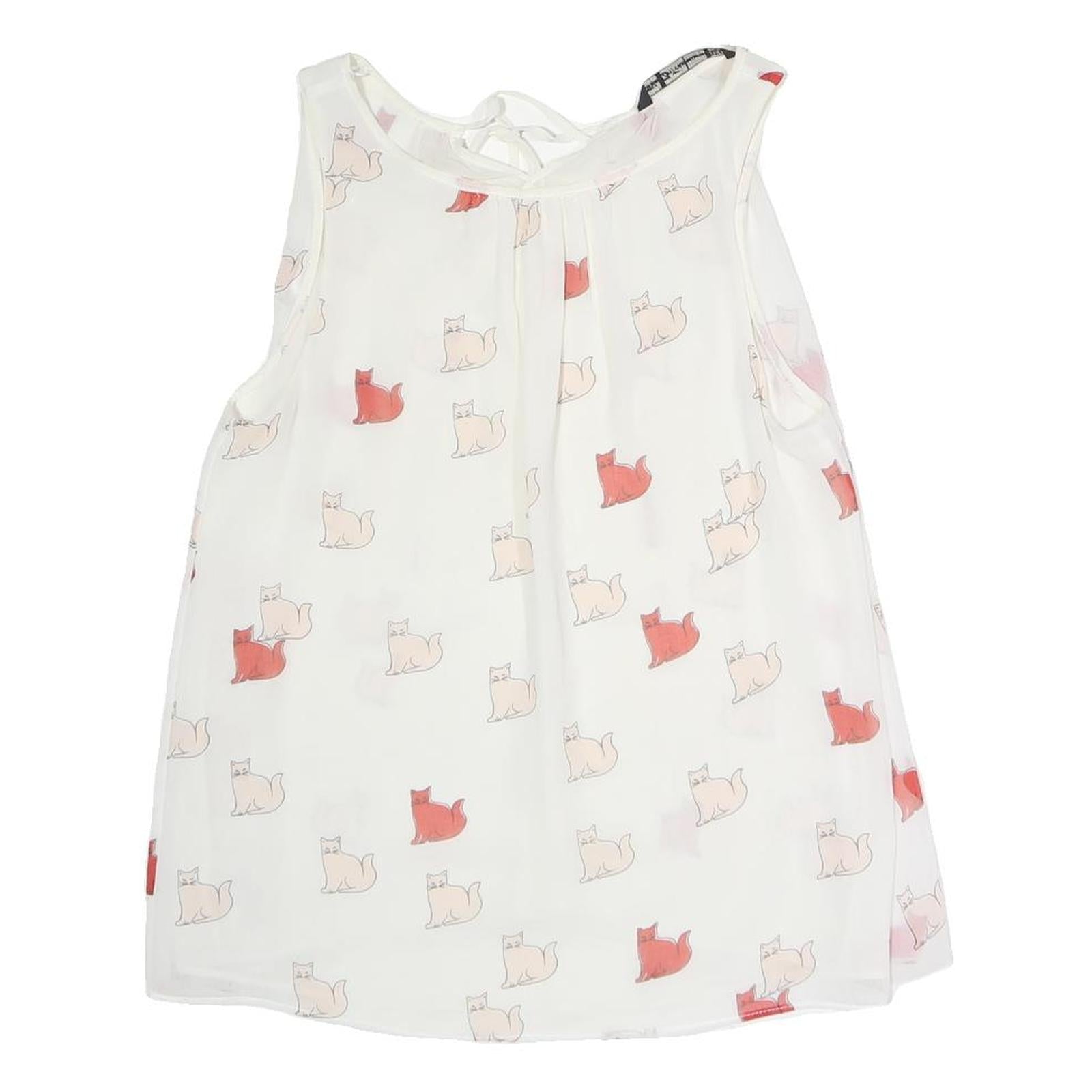 ZARA Womens White Printed Sleeveless Round Neck Top S Cat Pattern