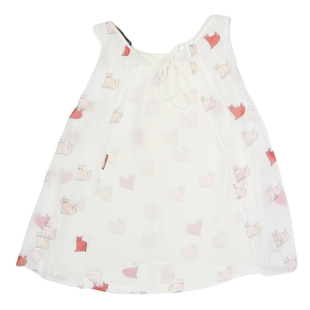 ZARA Womens White Printed Sleeveless Round Neck Top S Cat Pattern