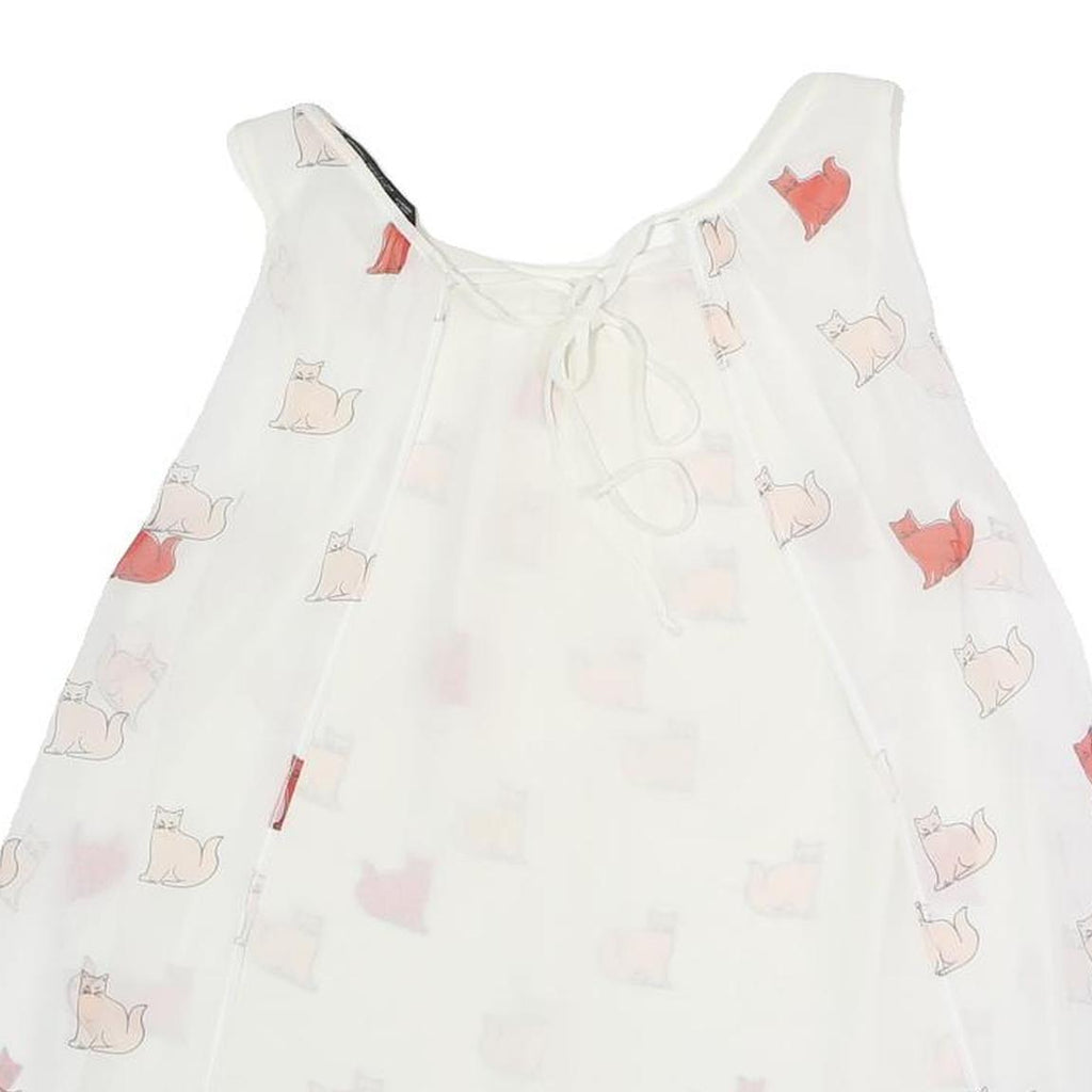 ZARA Womens White Printed Sleeveless Round Neck Top S Cat Pattern