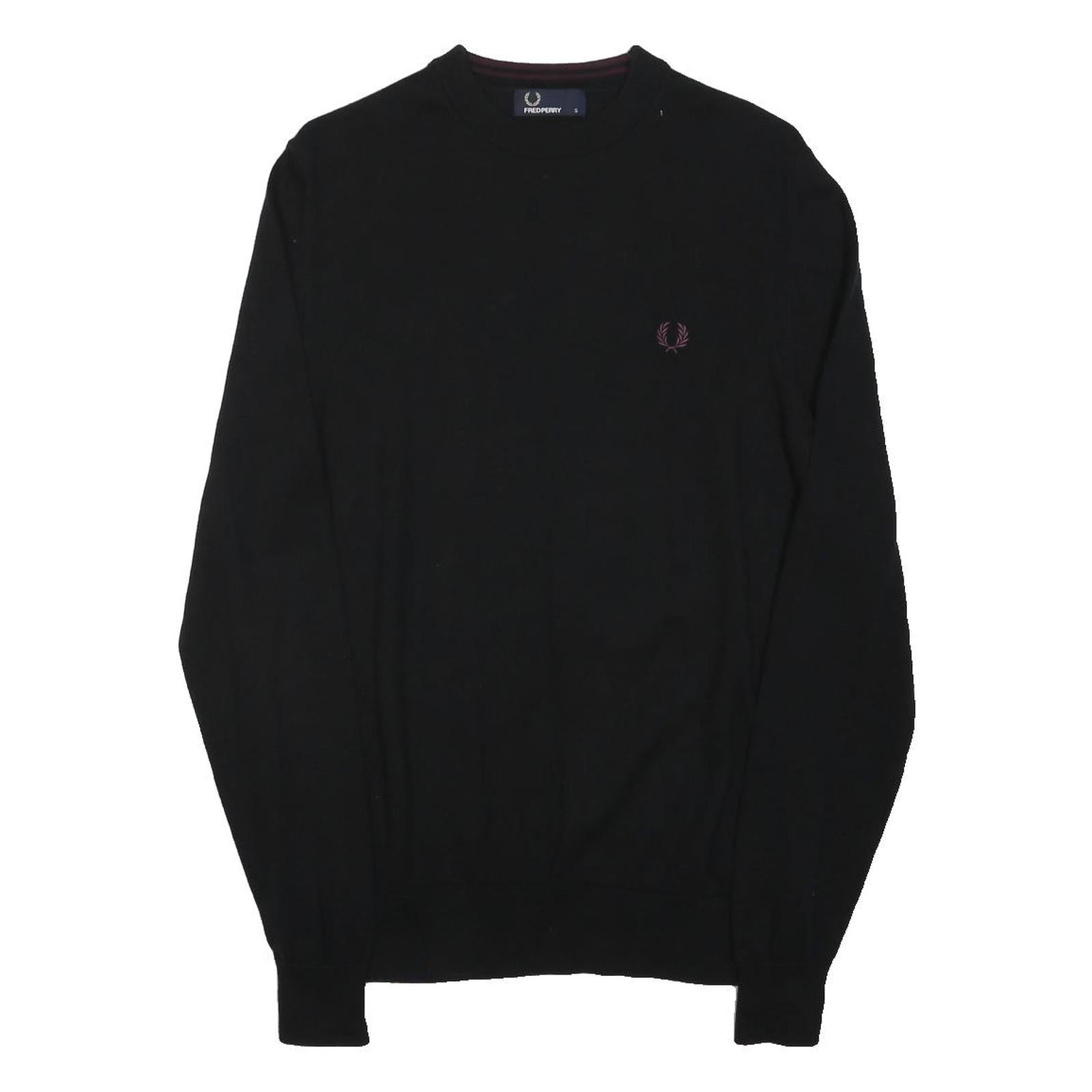 FRED PERRY Mens Black Cotton Blend Plain Crew Neck Tight Knit Jumper S Classic