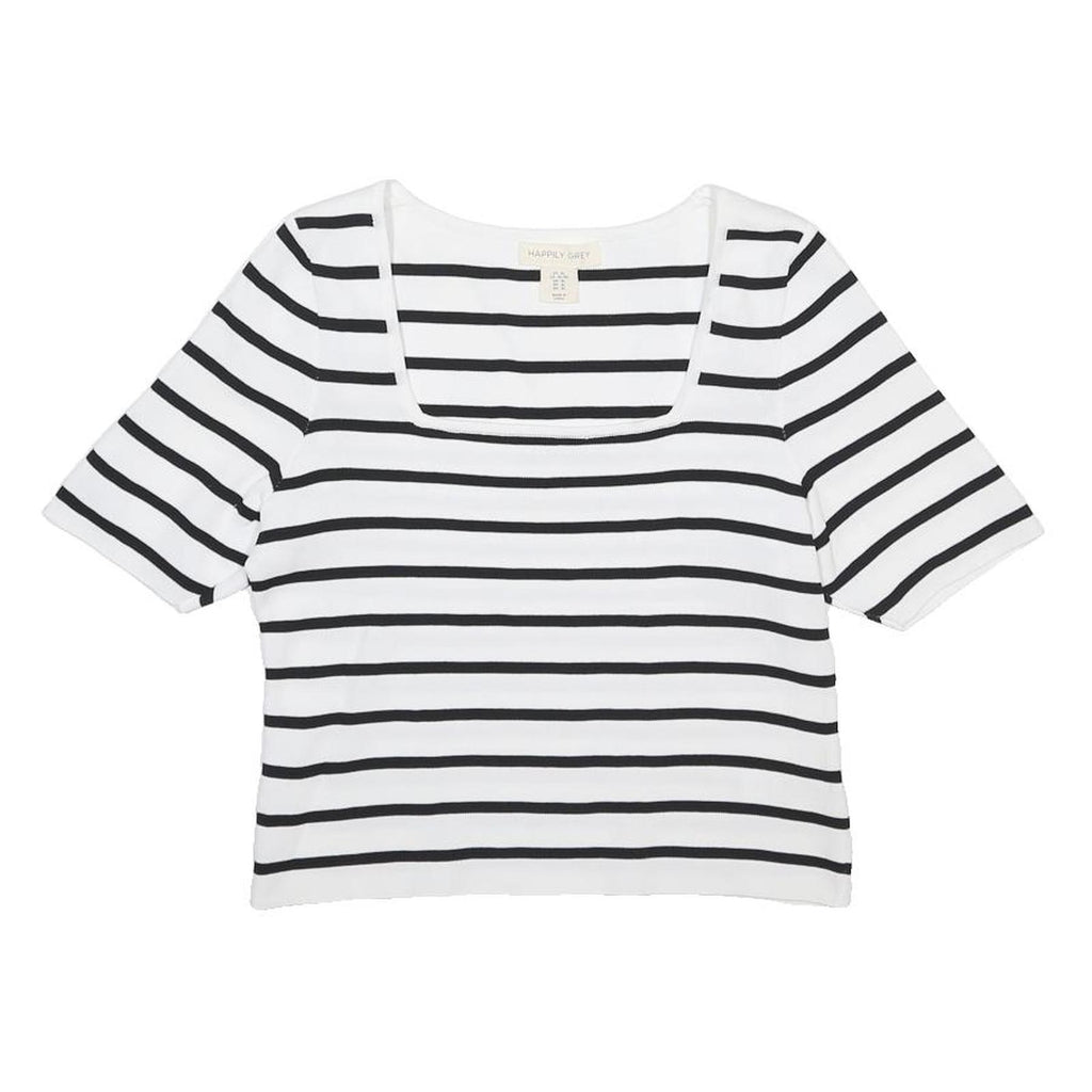 HAPPILY GREY Womens White & Black Striped Basic Top Short Sleeve Square Neck XL