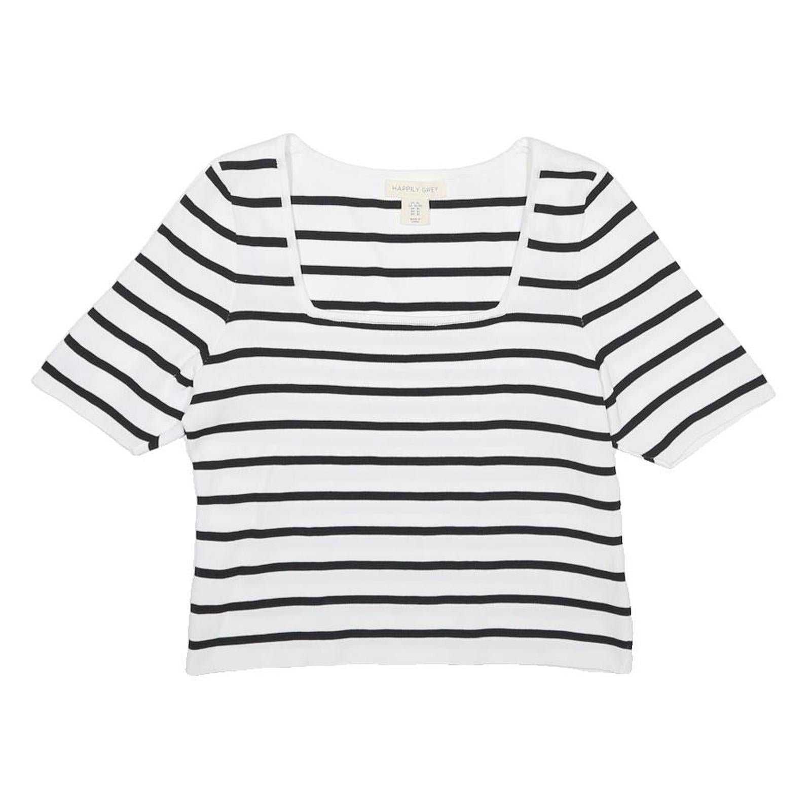 HAPPILY GREY Womens White & Black Striped Basic Top Short Sleeve Square Neck XL