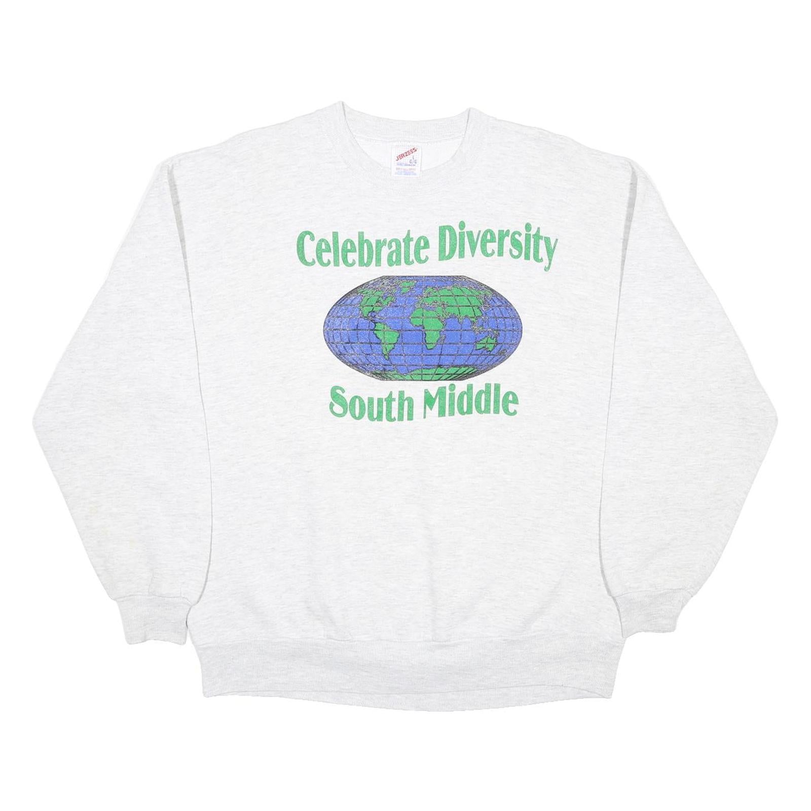 JERZEES Mens White Celebrate Diversity Globe Crew Neck L Cotton Blend Sweatshirt