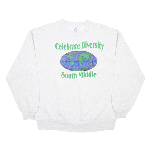JERZEES Mens White Celebrate Diversity Globe Crew Neck L Cotton Blend Sweatshirt