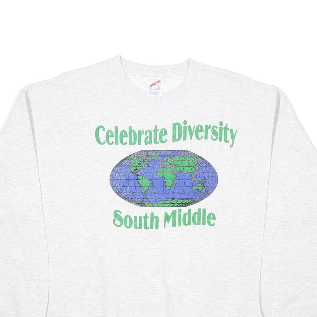 JERZEES Mens White Celebrate Diversity Globe Crew Neck L Cotton Blend Sweatshirt
