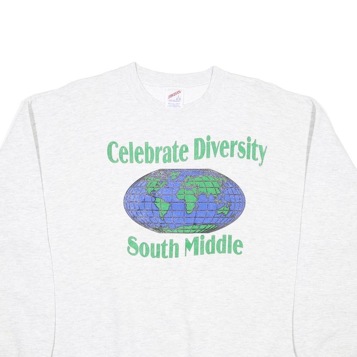 JERZEES Mens White Celebrate Diversity Globe Crew Neck L Cotton Blend Sweatshirt