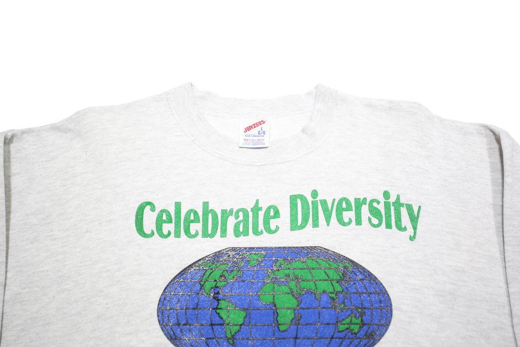 JERZEES Mens White Celebrate Diversity Globe Crew Neck L Cotton Blend Sweatshirt