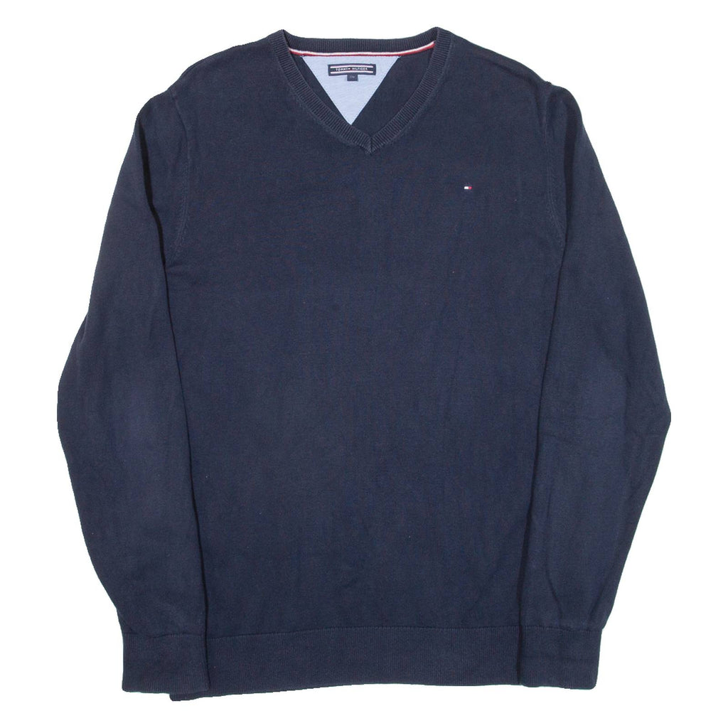 TOMMY HILFIGER Mens Jumper Blue V-Neck Tight Knit S